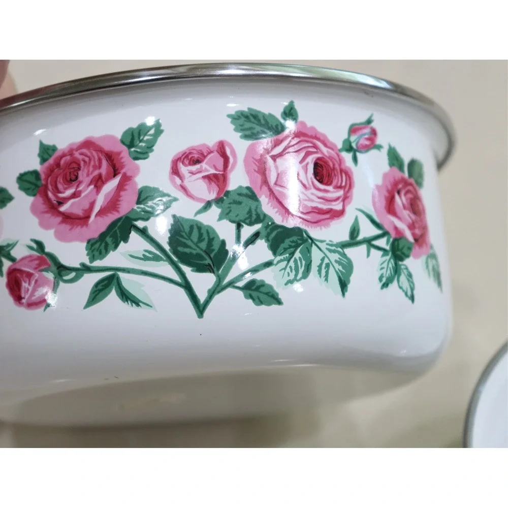 Vintage Enamelware Pink Rose Floral Nesting Bowls Set of 2 White Silver Rim